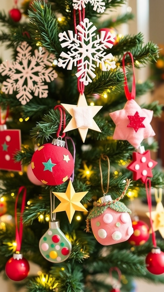 A collection of handmade Christmas ornaments including snowflakes, stars, and felt shapes hanging on a decorated tree.